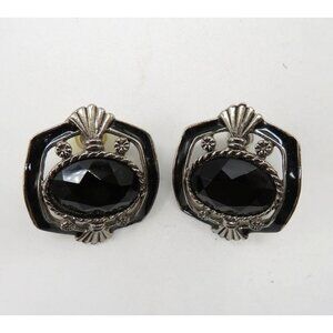 Vintage Huggie Earrings Black Silver Tone Pierced Earrings Faceted Lucite Bead